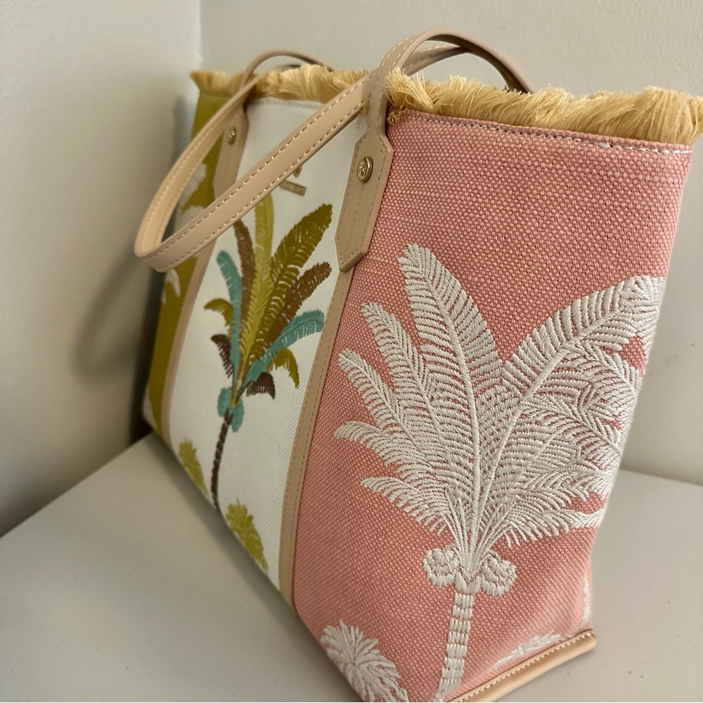 Spartina 449 Palm Tote Bag Embroidered Canvas Leather Trim Fringe Top Coastal - Picture 8 of 11